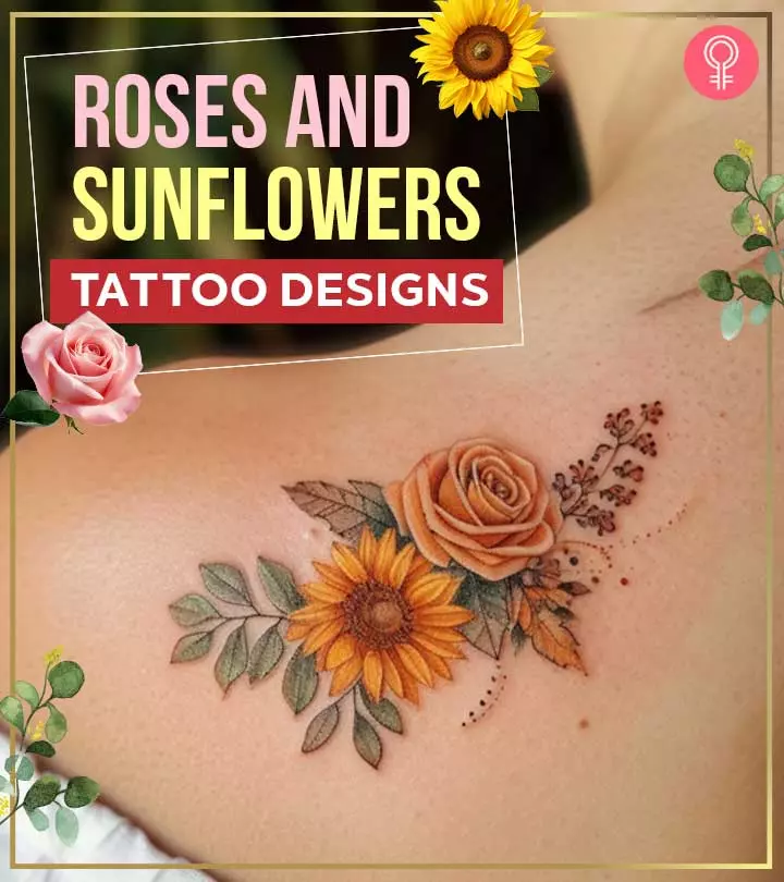Rose and sunflower tattoo design on a woman’s back