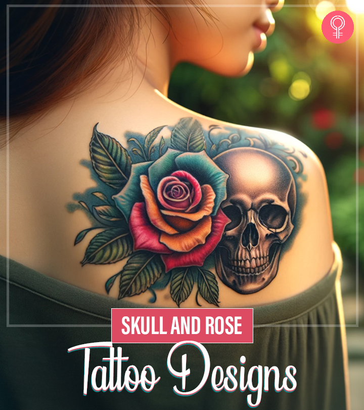 A striking skull and rose tattoo on a woman’s back