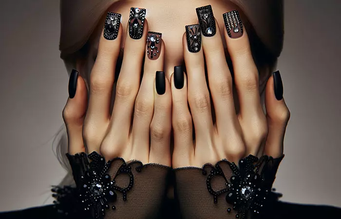 Black nails with studs and rhinestones