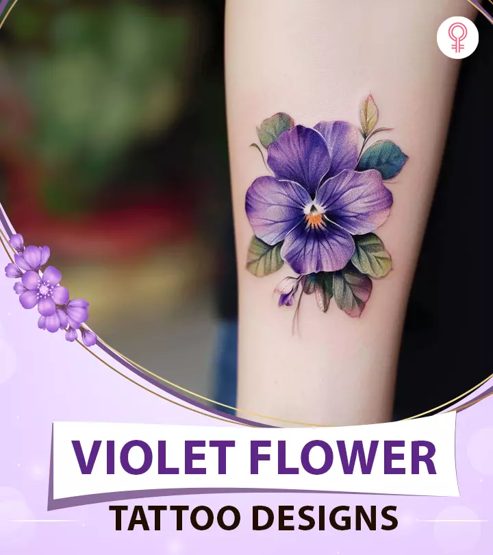 A violet flower tattoo design on a woman’s forearm