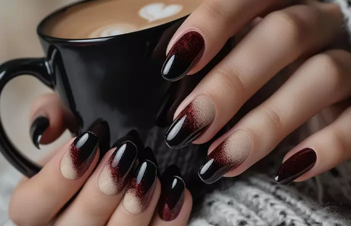 Black and burgundy nail design