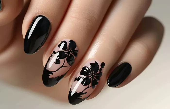 Black flower nail designs