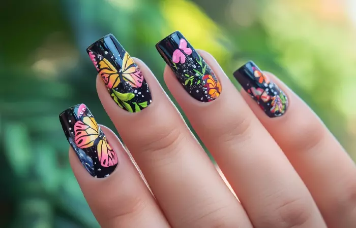 Black nail design with colorful butterflies
