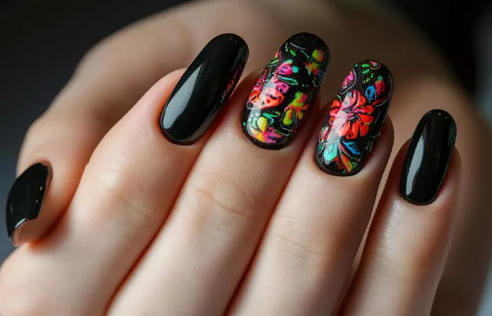 Black nails with colorful flowers