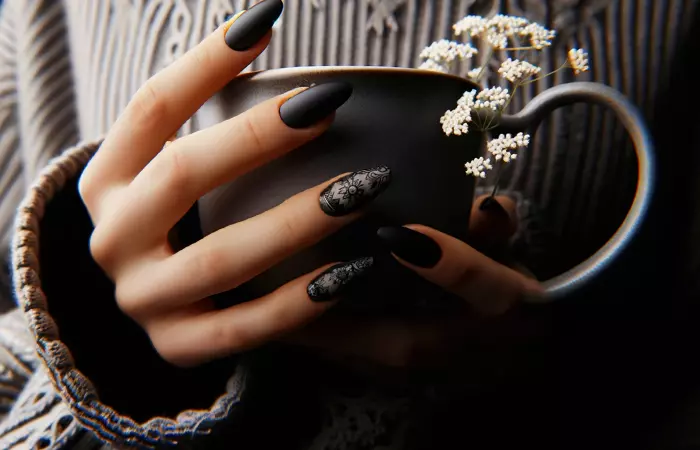 Matte black nails with gray and black lace design