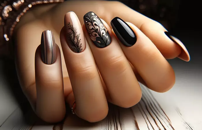Nude and black nail design