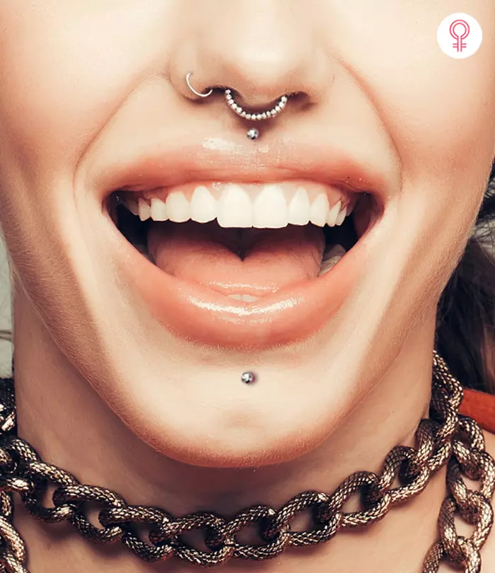 A woman sporting a cyber bites piercing
