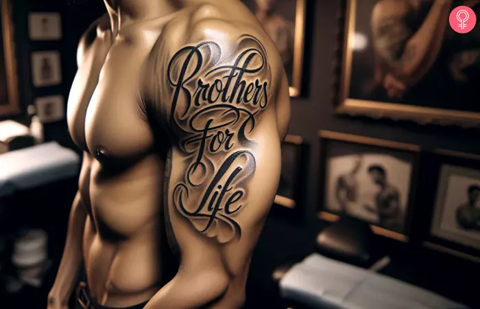 A man with a Brothers for Life tattoo on his upper arm