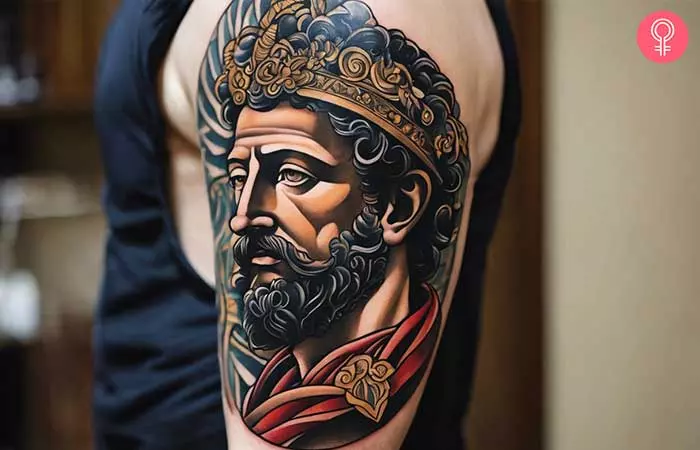 A Marcus Aurelius tattoo on the forearm