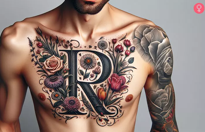 R tattoo with floral design on chest