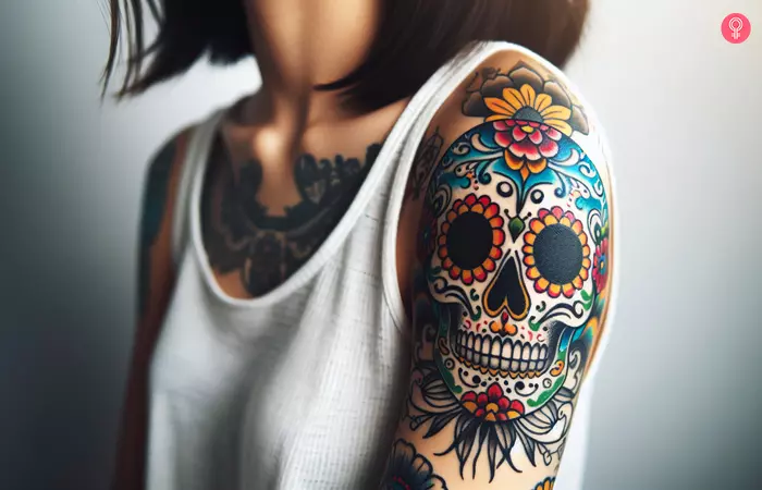 A woman with a colorful and floral skull tattoo on her upper arm