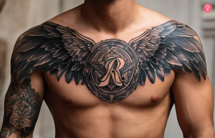 R tattoo with wings on the chest