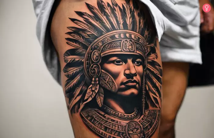 Man with an Aztec warrior tattoo on the upper arm.