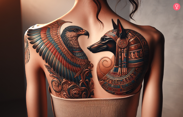 A big upper back tattoo of Horus and Anubis facing each other