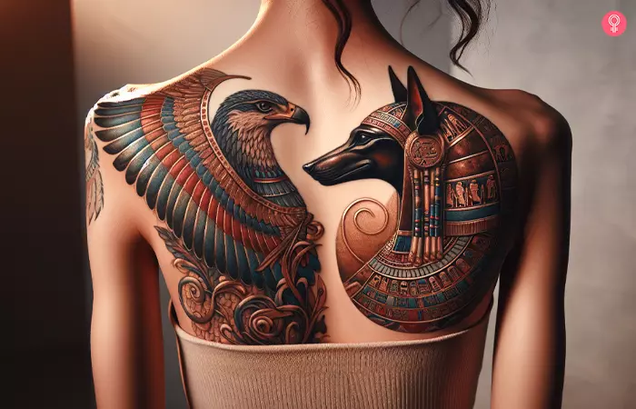 A big upper back tattoo of Horus and Anubis facing each other