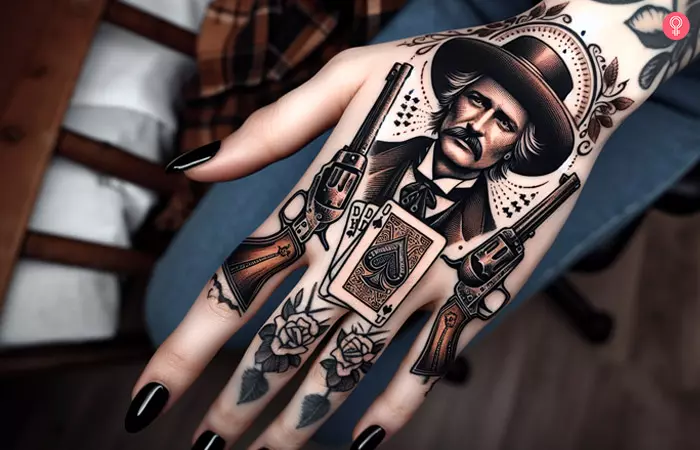 A woman with a Doc Holliday tombstone tattoo on the back of her hand