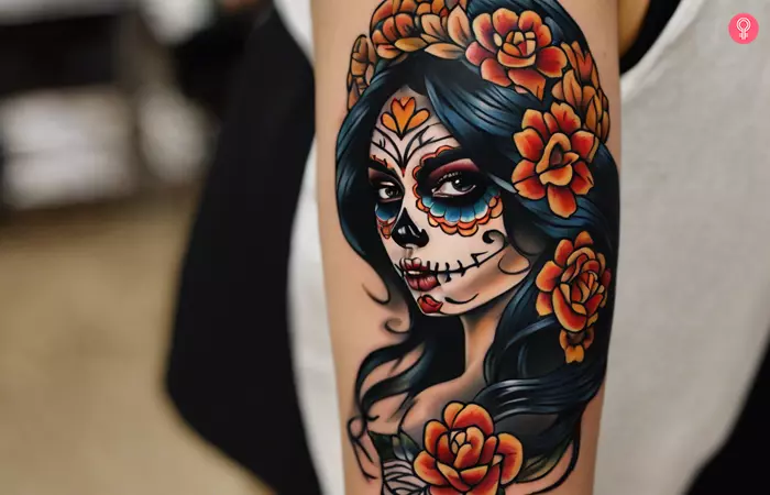 A tattoo featuring a young La Catrina on a woman’s upper arm