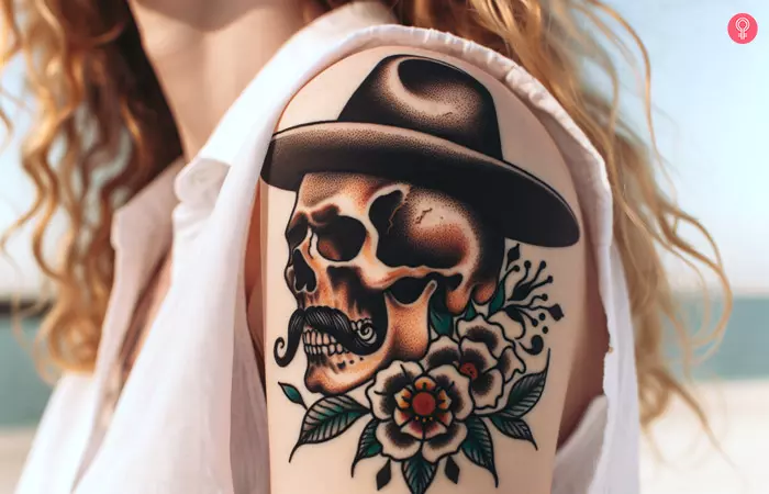 A woman with a Doc Holliday skull tattoo on the shoulder