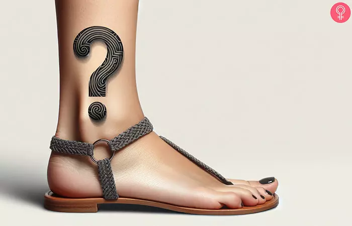 A 3D question mark tattoo on the ankle of a woman