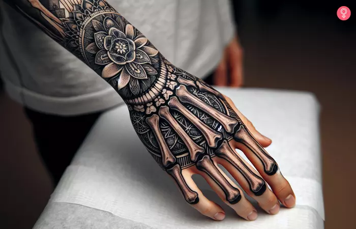 A half-skeleton hand and mandala design on the back of the hand