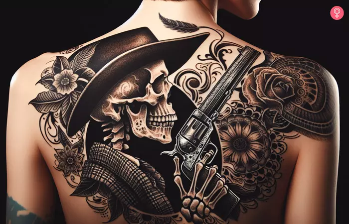A woman with a Doc Holliday skeleton tattoo on her back