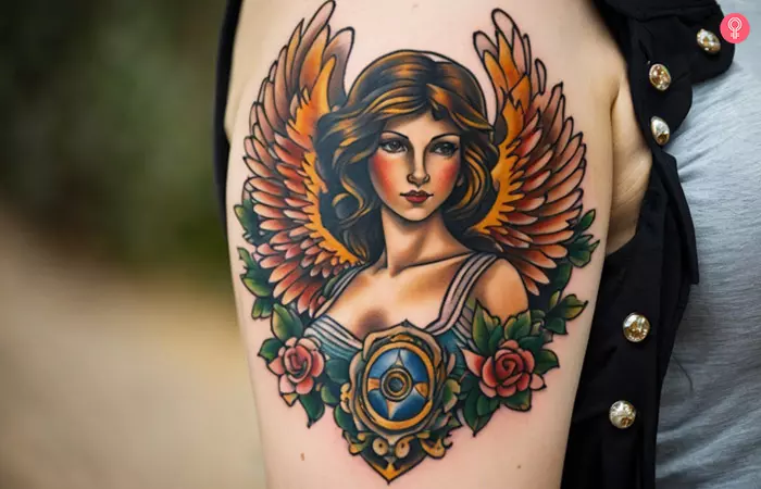Family protection guardian angel tattoo on the upper arm