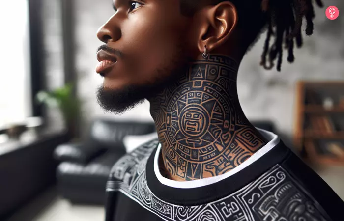 Man with an Aztec neck tattoo