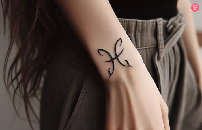 A woman with a Pisces sign tattoo on her hand