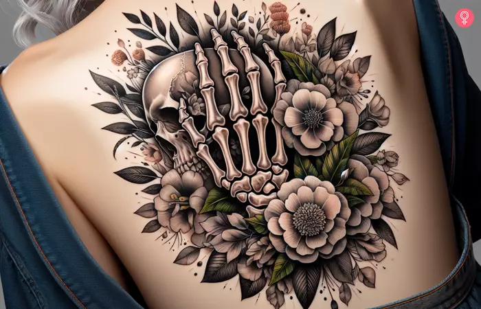 A skeleton face and hand floral tattoo on the upper back