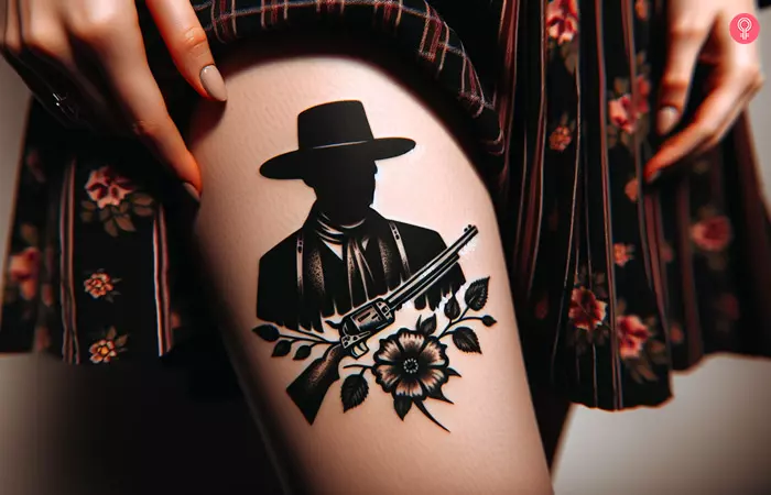 A woman with a Doc Holliday silhouette tattoo on her thigh