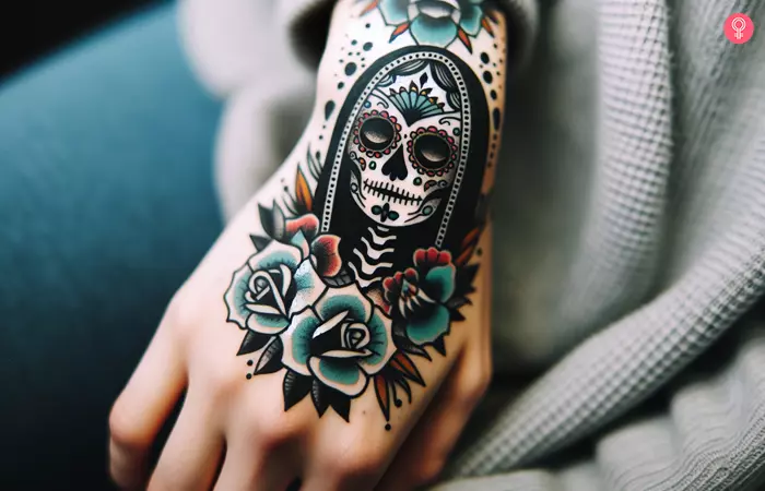 A woman with a neo-traditional tattoo featuring La Catrina Calaveras on the back of her hand