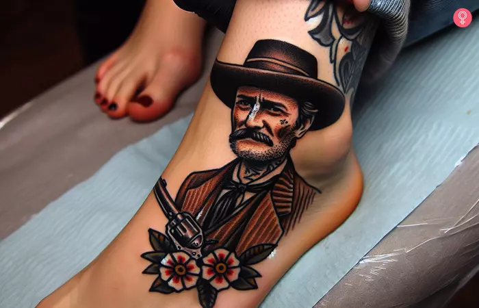 A woman with a Doc Holliday traditional tattoo on the ankle