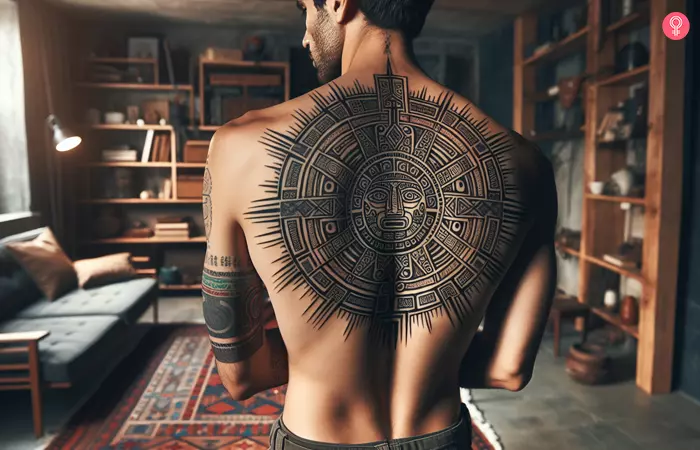 Man with a symbolic Aztec sun tattoo at the back
