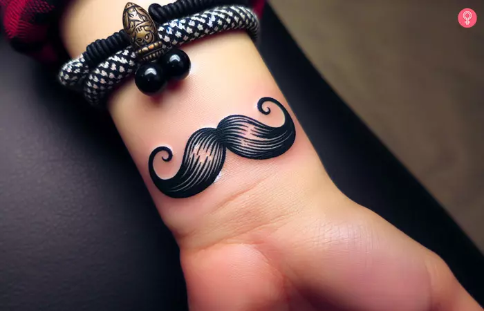 A woman with a Doc Holliday mustache tattoo on her wrist