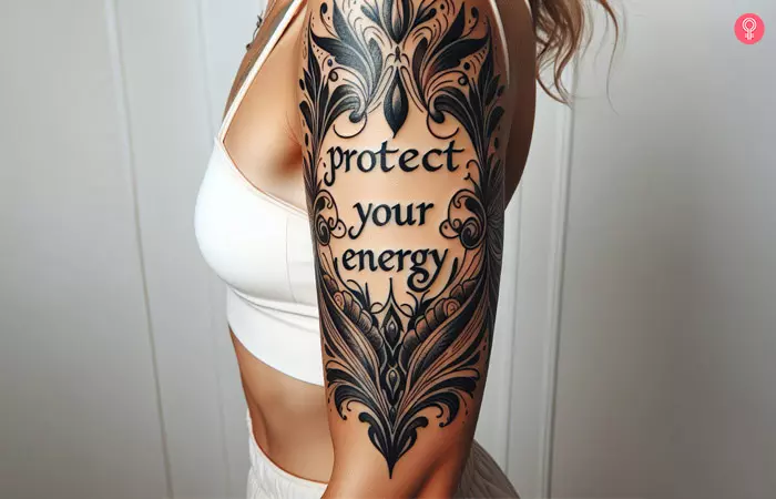 Protect your energy tattoo on the upper arm