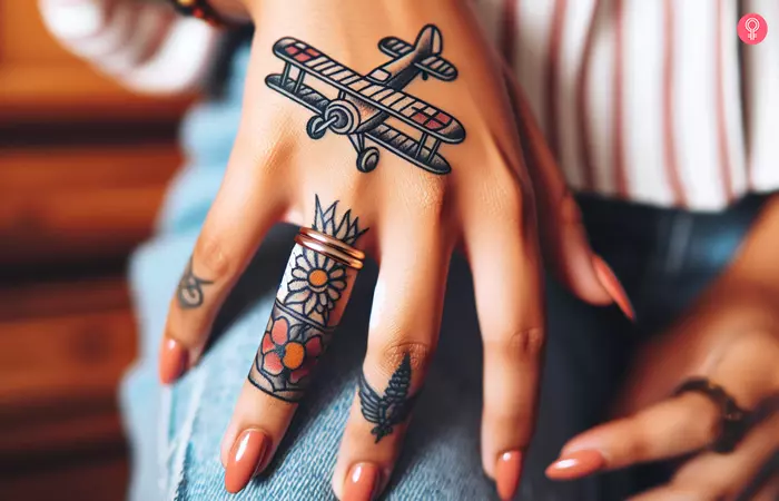 A woman with a traditional airplane tattoo on her hand