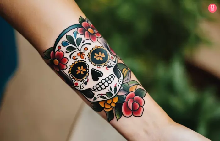 A woman sports a sugar skull tattoo on her wrist
