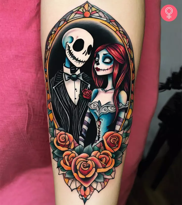 A colorful Jack and Sally arm tattoo