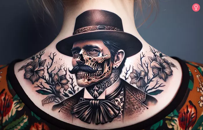 A woman with a Doc Holliday zombie tattoo on the nape of the neck