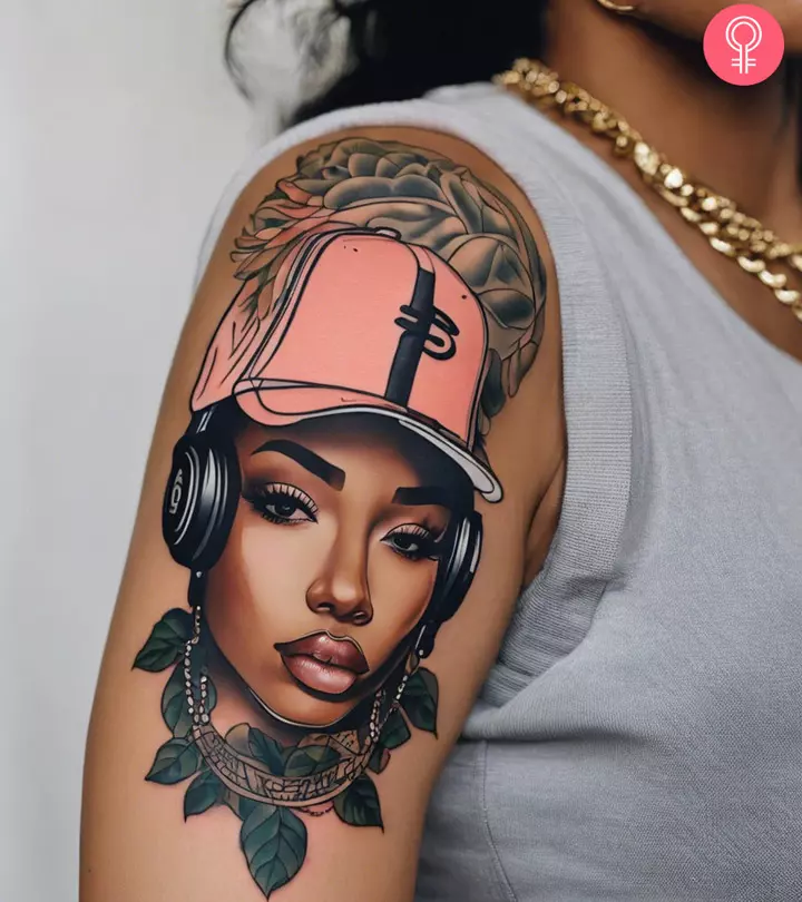 A woman with a female rapper tattoo design