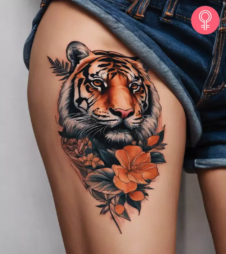 A woman with a tiger tattoo on her thigh