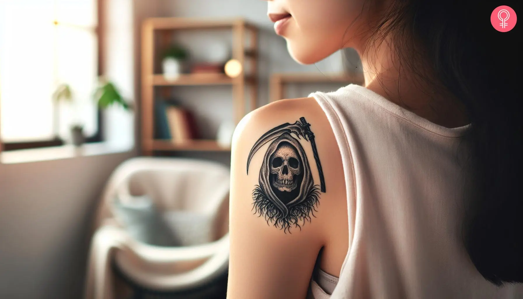 A Grim Reaper tattoo on the back shoulder of a woman