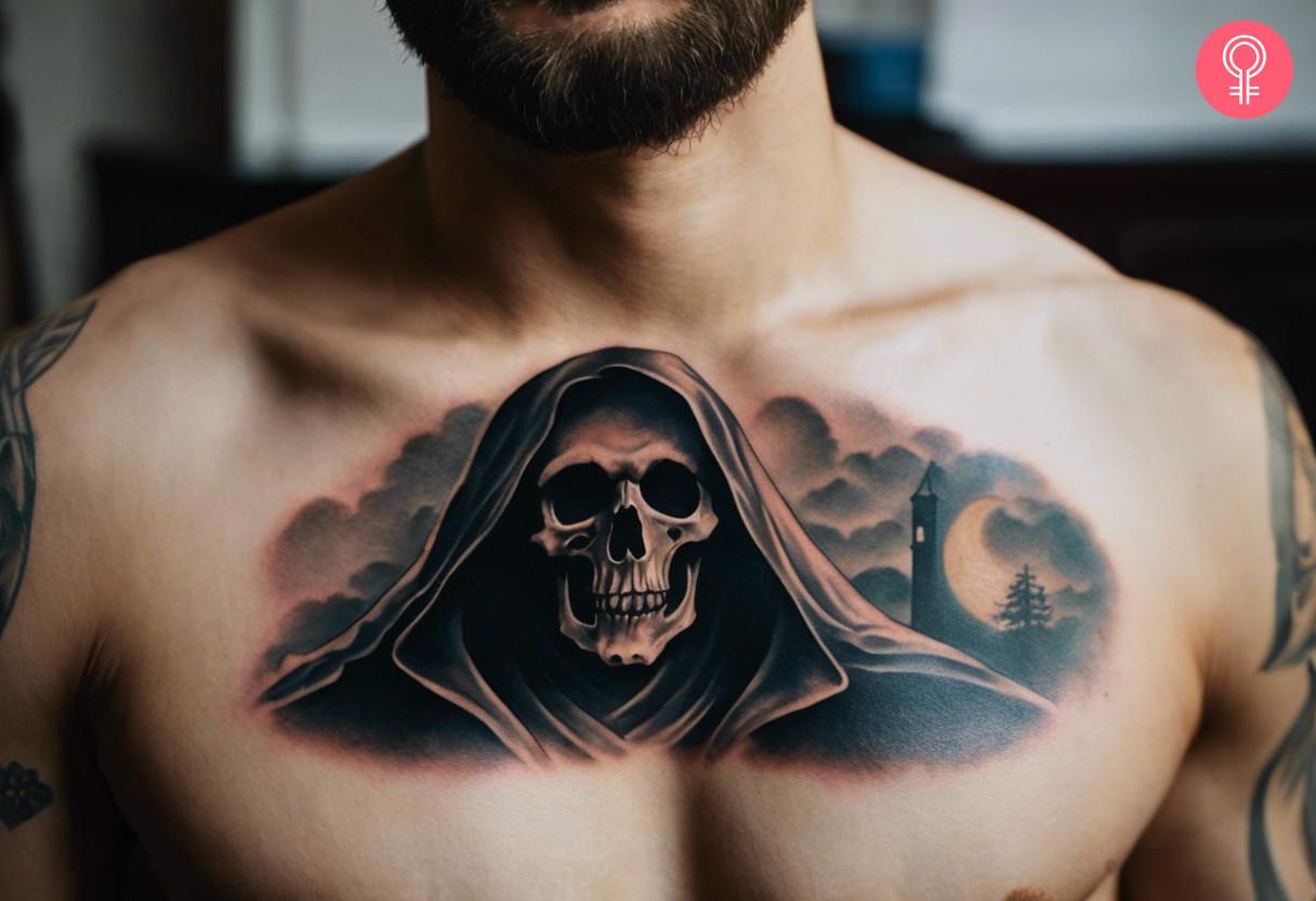 A Grim Reaper tattoo on the chest of a man