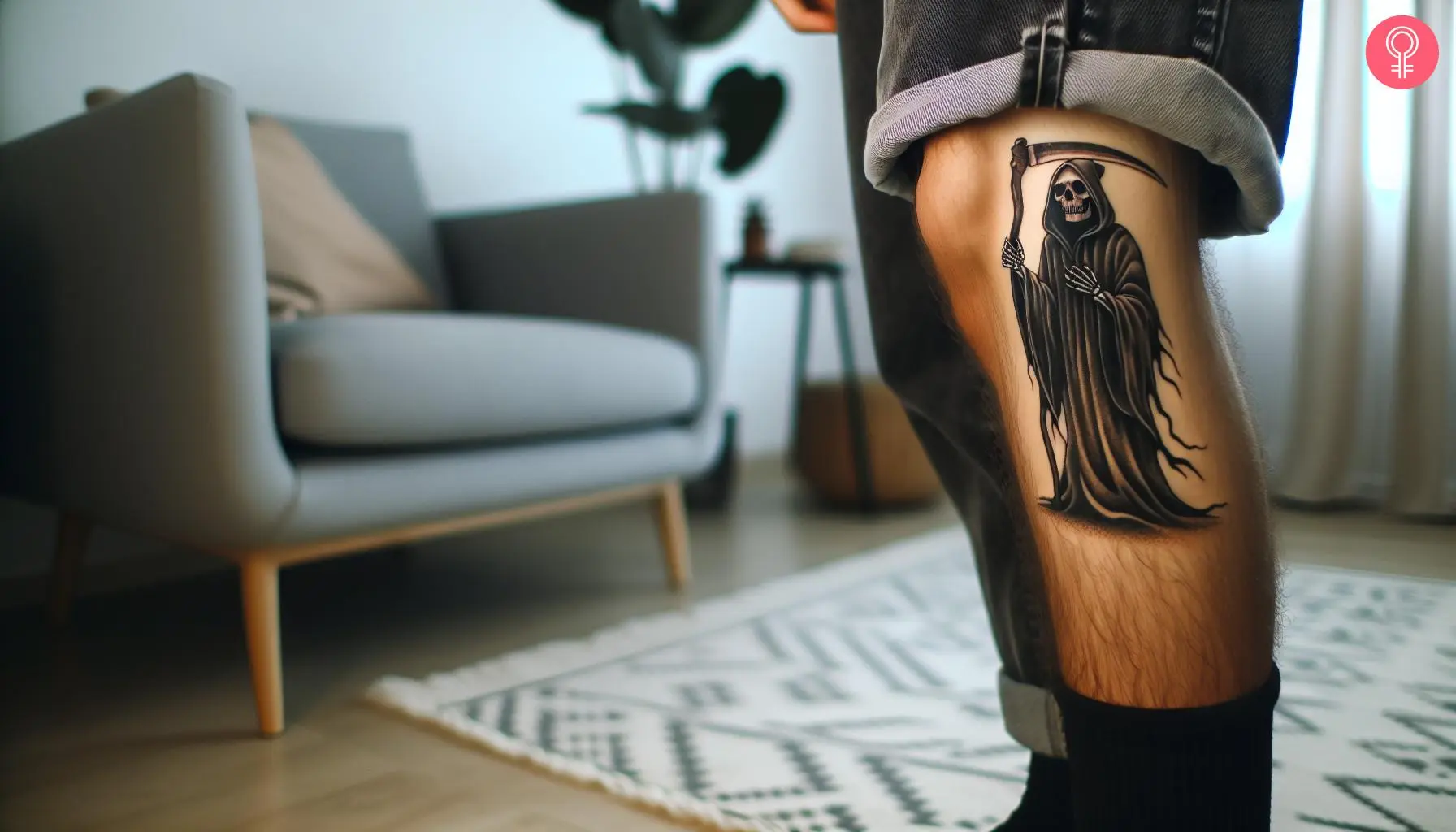 A Grim Reaper tattoo on the leg of a man