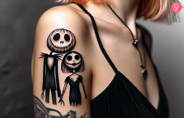 A Jack and Sally Halloween and Christmas tattoo