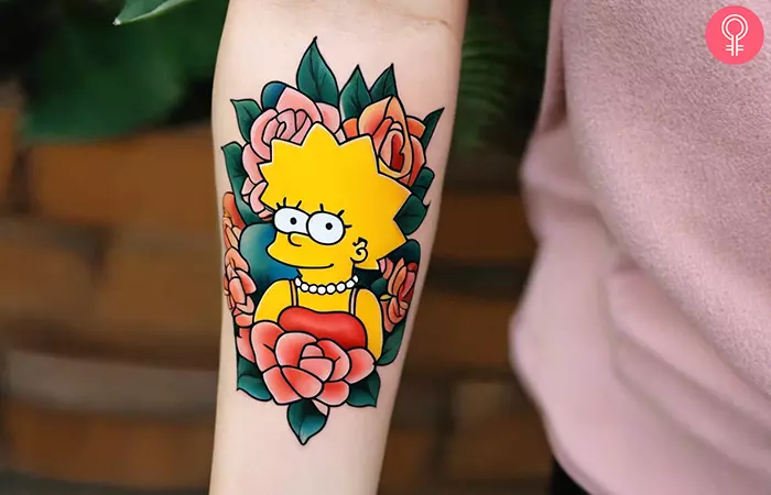A Lisa Simpson tattoo on a woman’s arm