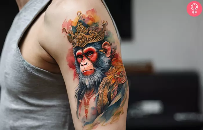 A Monkey King art tattoo on the upper arm