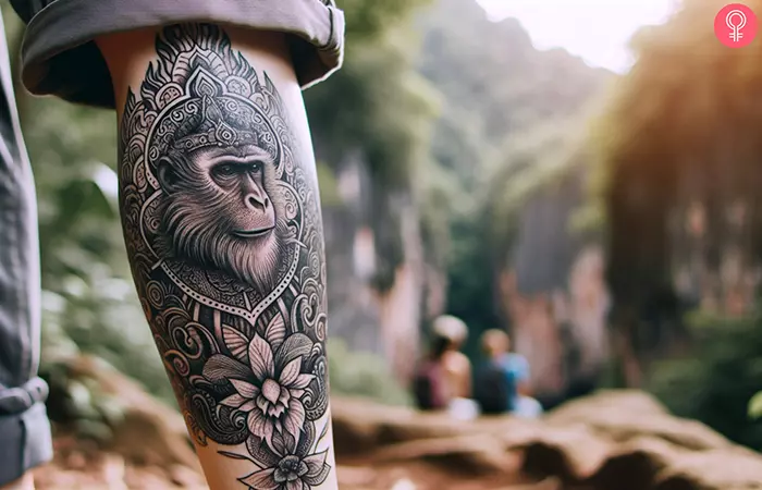 A Monkey King leg tattoo on the calf