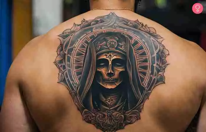 A Santa Muerte tattoo on a man’s back 