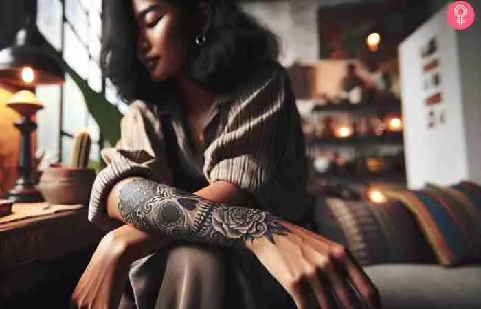 A Santa Muerte tattoo on a woman’s forearm